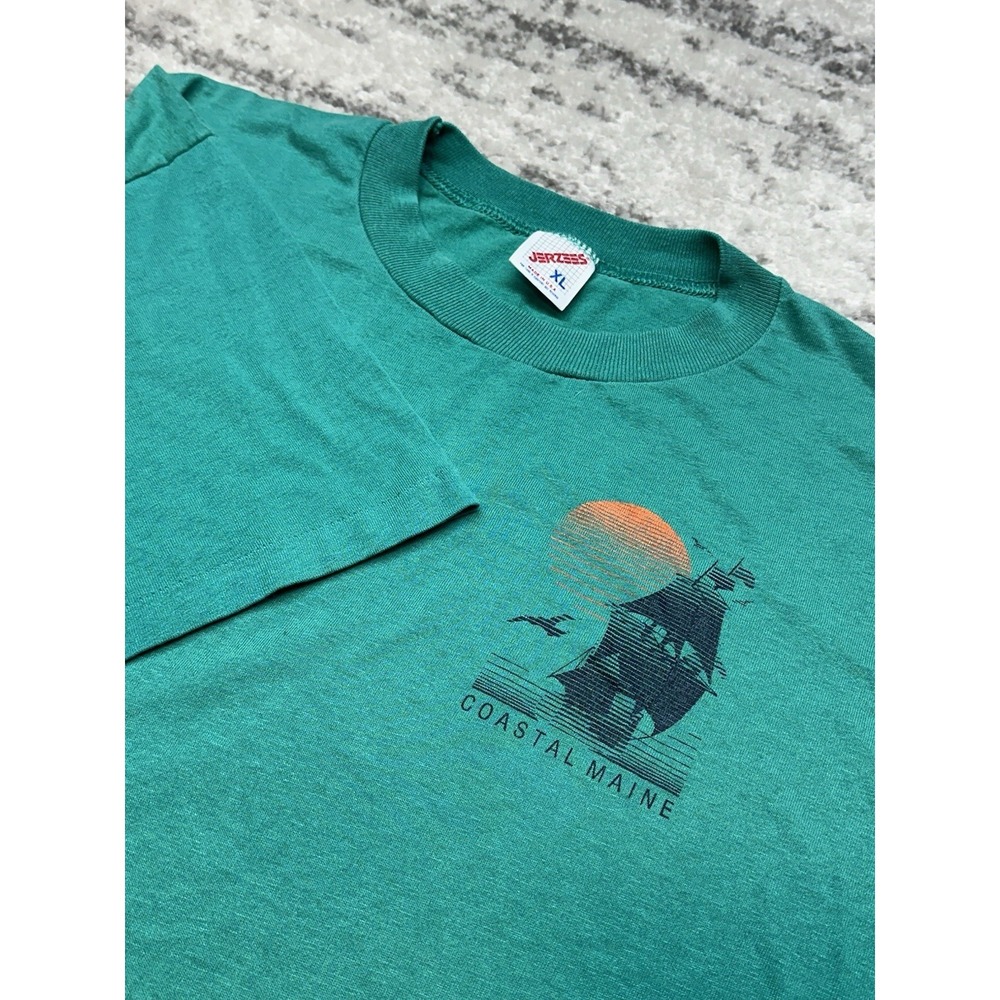 Vintage Men's T Shirt Jerzees USA Maine Teal‎ Single Stitch Sailboat Sea Beach